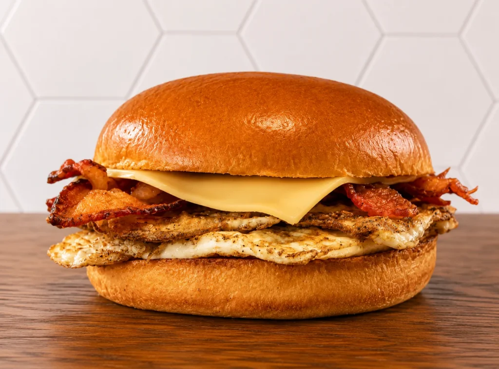 Bacon Egg and Cheese: Breakfast sandwich with bacon, egg, melted cheese, and toasted brioche bun.