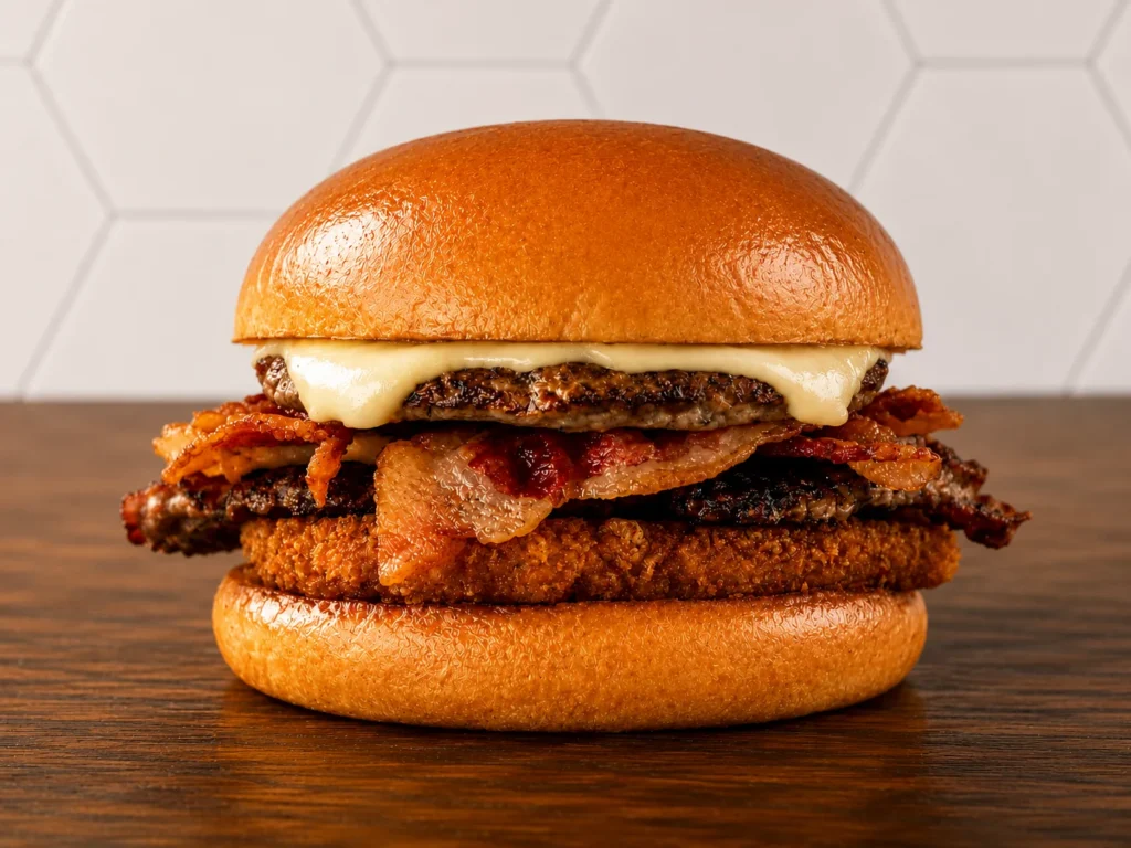 Breakfast Monster Sandwich: Hearty breakfast burger stacked with eggs, bacon, beef patty, and melted cheese on a brioche bun.