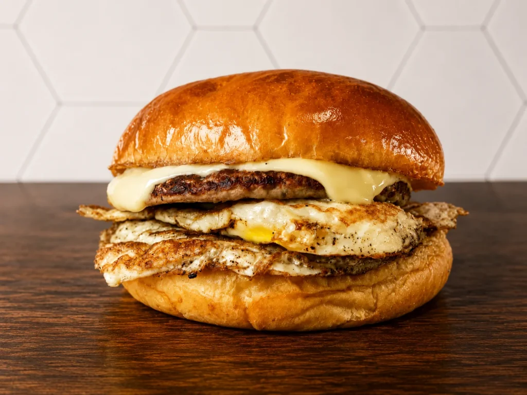 Breakfast Sausage Egg Sandwich: Breakfast sandwich with sausage patty, fried egg, melted cheese, and toasted brioche bun.