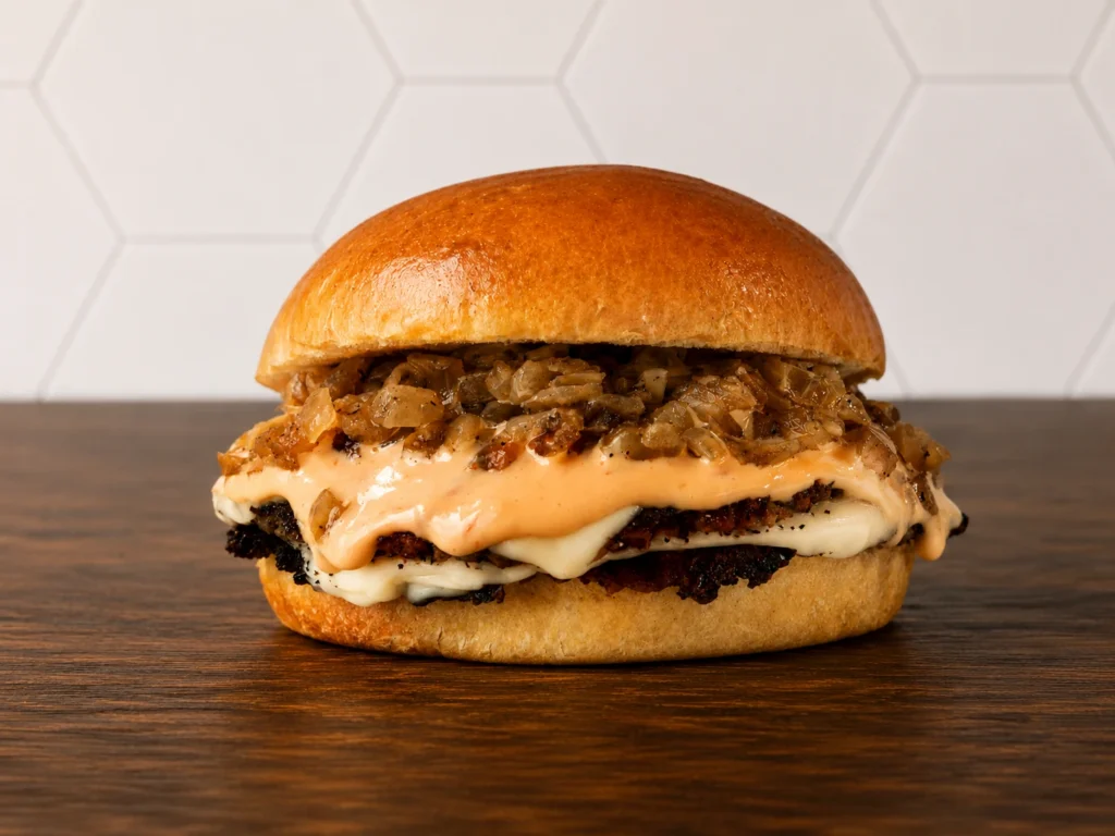 Burger Impossible: Plant-based burger topped with melted cheese, grilled onions, and signature sauce on a toasted bun.