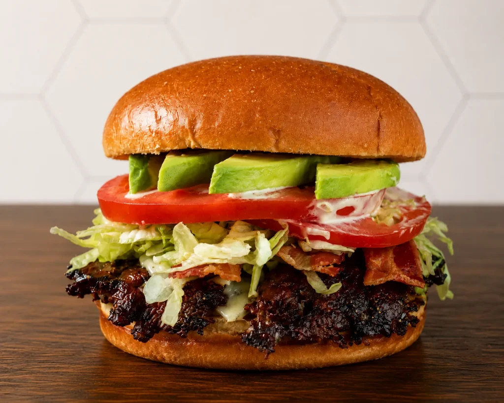 Cali Crispy Burger: Crispy chicken burger topped with avocado, lettuce, tomato, and fresh vegetables on a brioche bun.