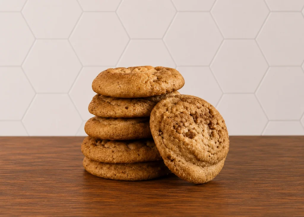 Chocolate Chip Cookies: Freshly baked chocolate chip cookies stacked and served on a wooden surface.