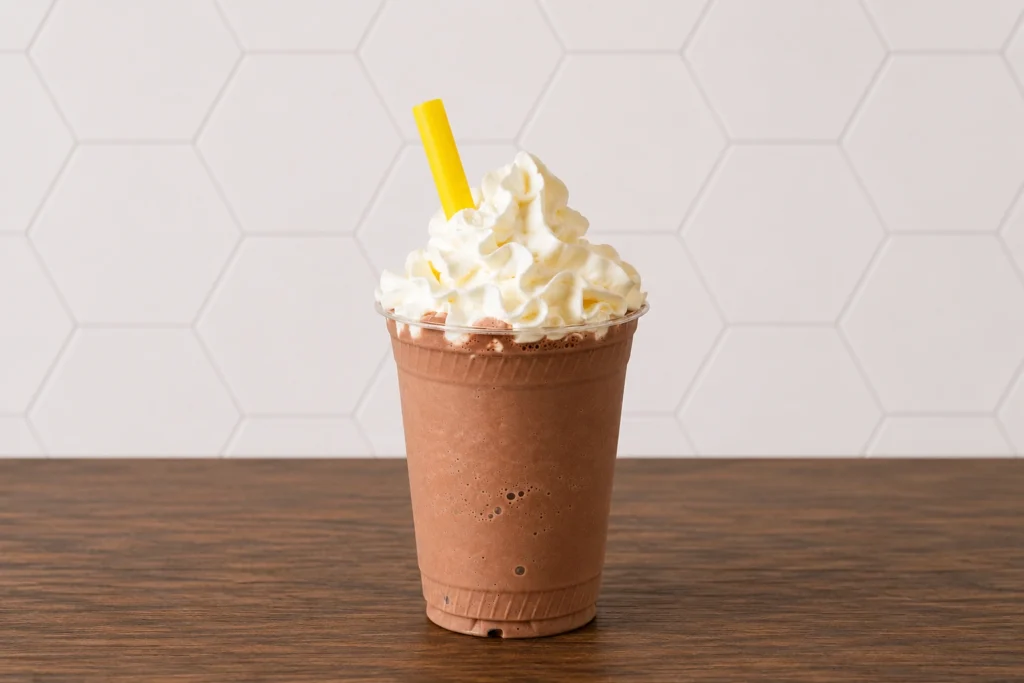 Chocolate Milkshake: Creamy chocolate milkshake topped with whipped cream and served with a straw.