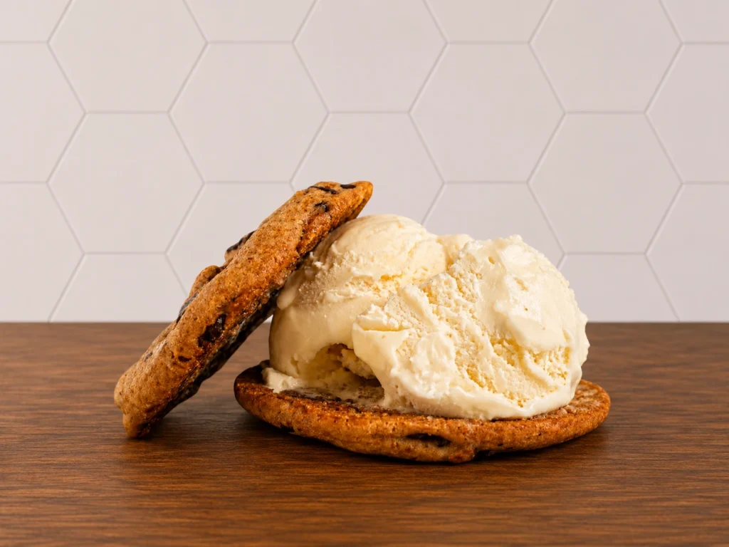 Cookies Ice Cream: Warm cookie served with a scoop of vanilla ice cream for a classic dessert option.