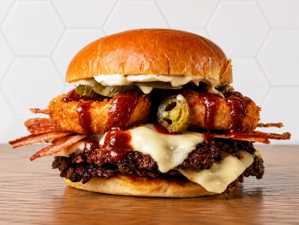 Cowboy Crispy Burgers: Crispy chicken burger topped with bacon, jalapeños, melted cheese, and creamy sauce on a brioche bun.