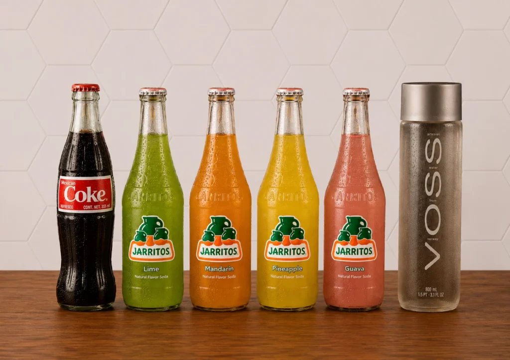 Assorted bottled soft drinks and beverages displayed for restaurant menu offerings.