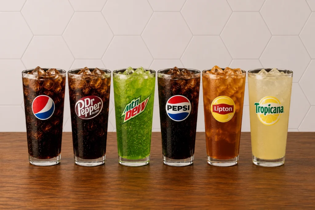 Selection of fountain drinks and soft beverages including soda, iced tea, and lemonade.