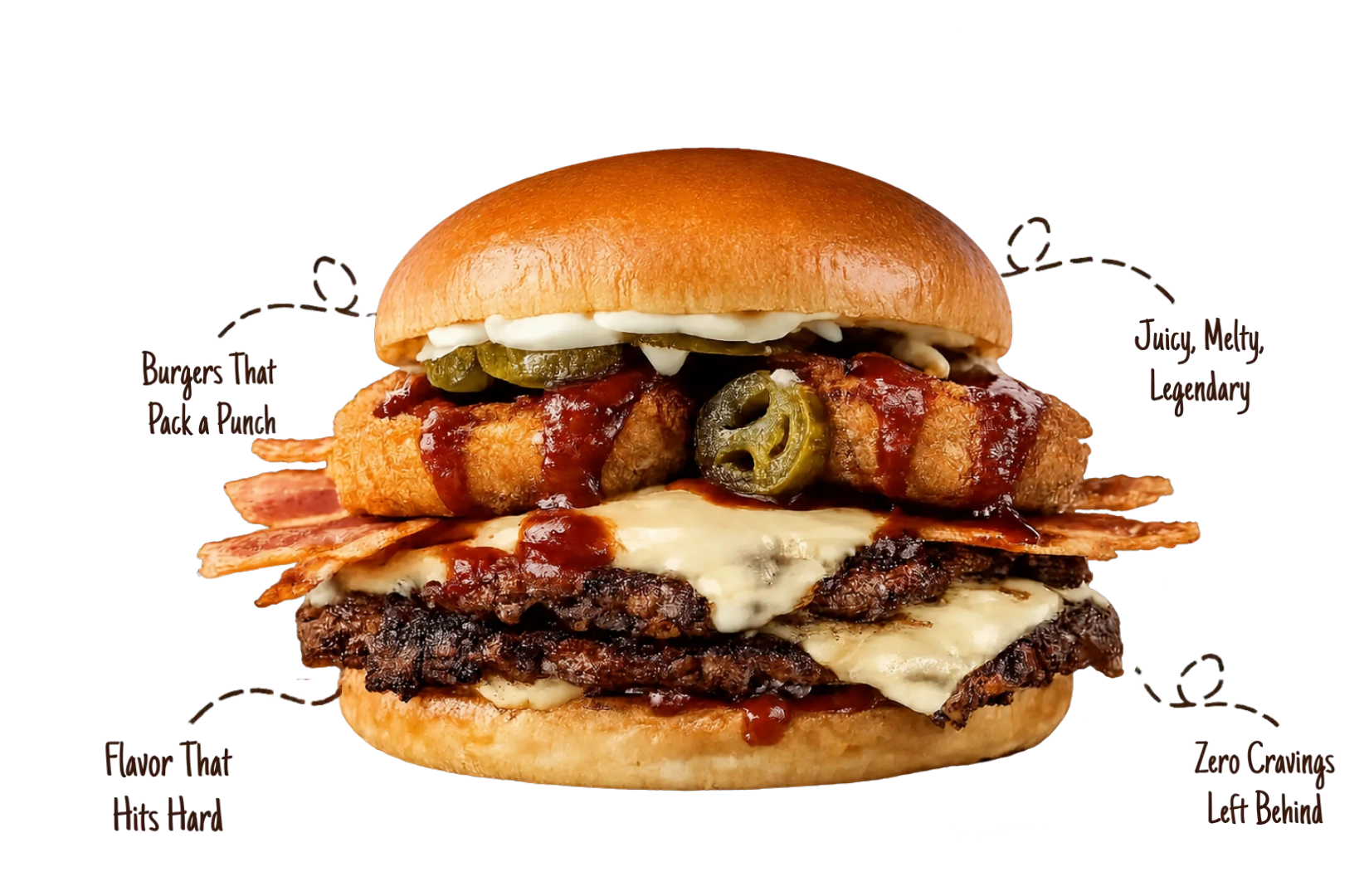 Loaded crispy burger topped with bacon, jalapeños, melted cheese, and signature sauce on a brioche bun.
