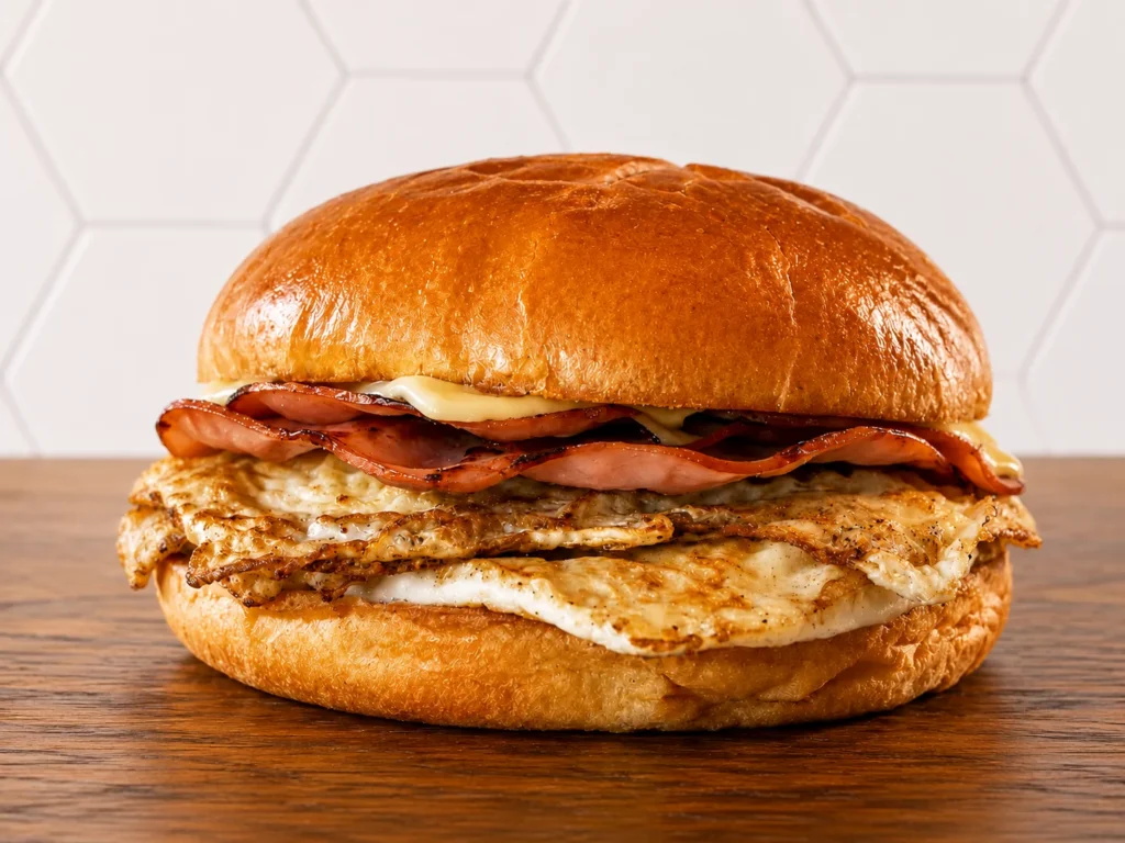 Ham, Egg & Cheese Breakfast: Breakfast sandwich with ham, egg, melted cheese, and toasted brioche bun.