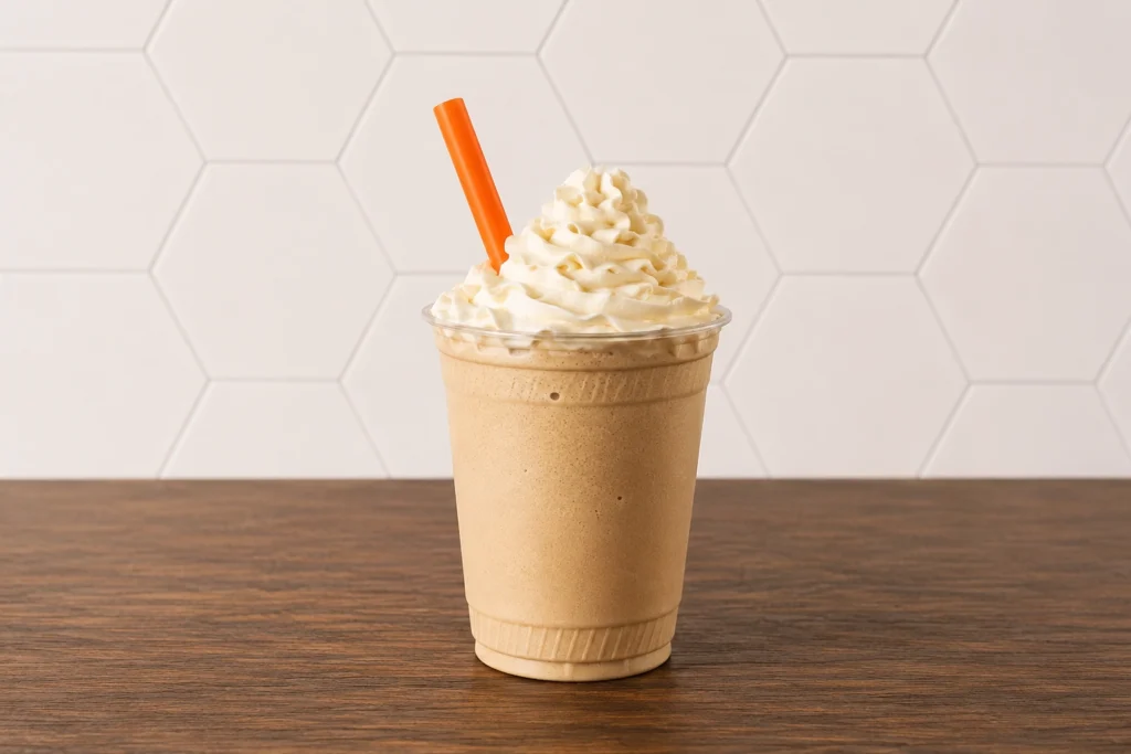 Milkshake Coffee: Coffee-flavored milkshake topped with whipped cream and served in a classic shake cup.