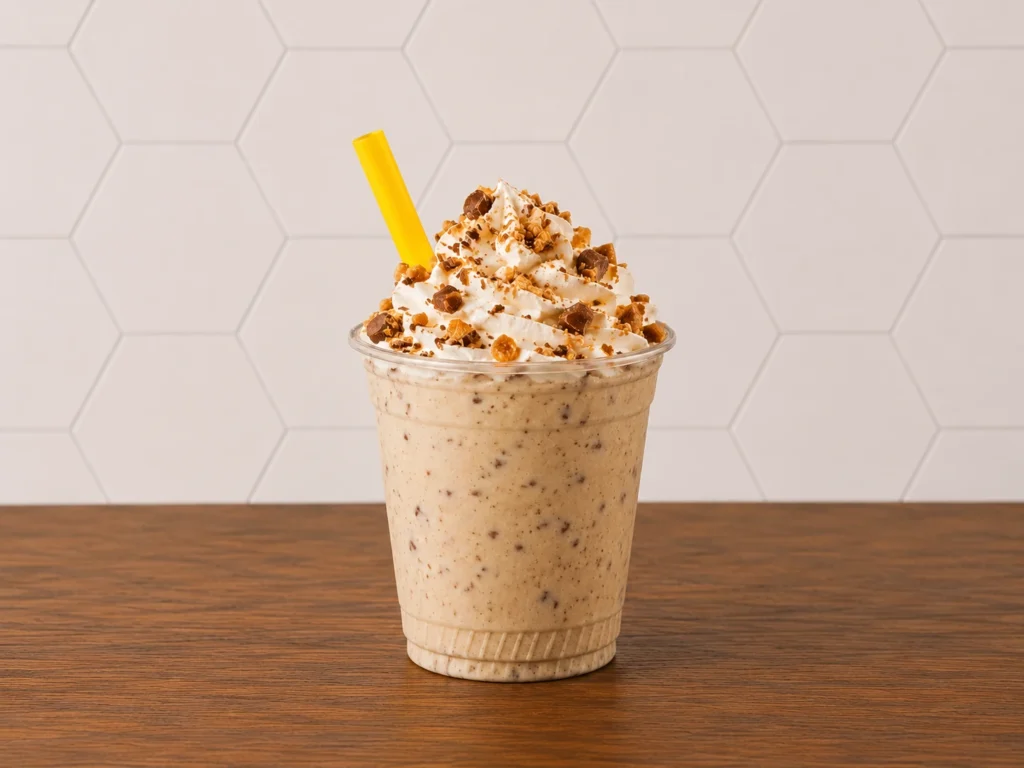Milkshake Butterfinger: Creamy Butterfinger milkshake topped with whipped cream and crushed candy pieces.