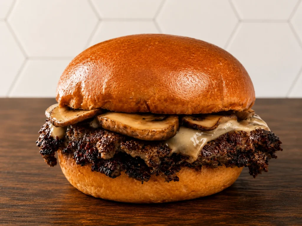 Mushroom Burgers: Angus beef burger topped with sautéed mushrooms, melted cheese, and caramelized onions on a brioche bun.