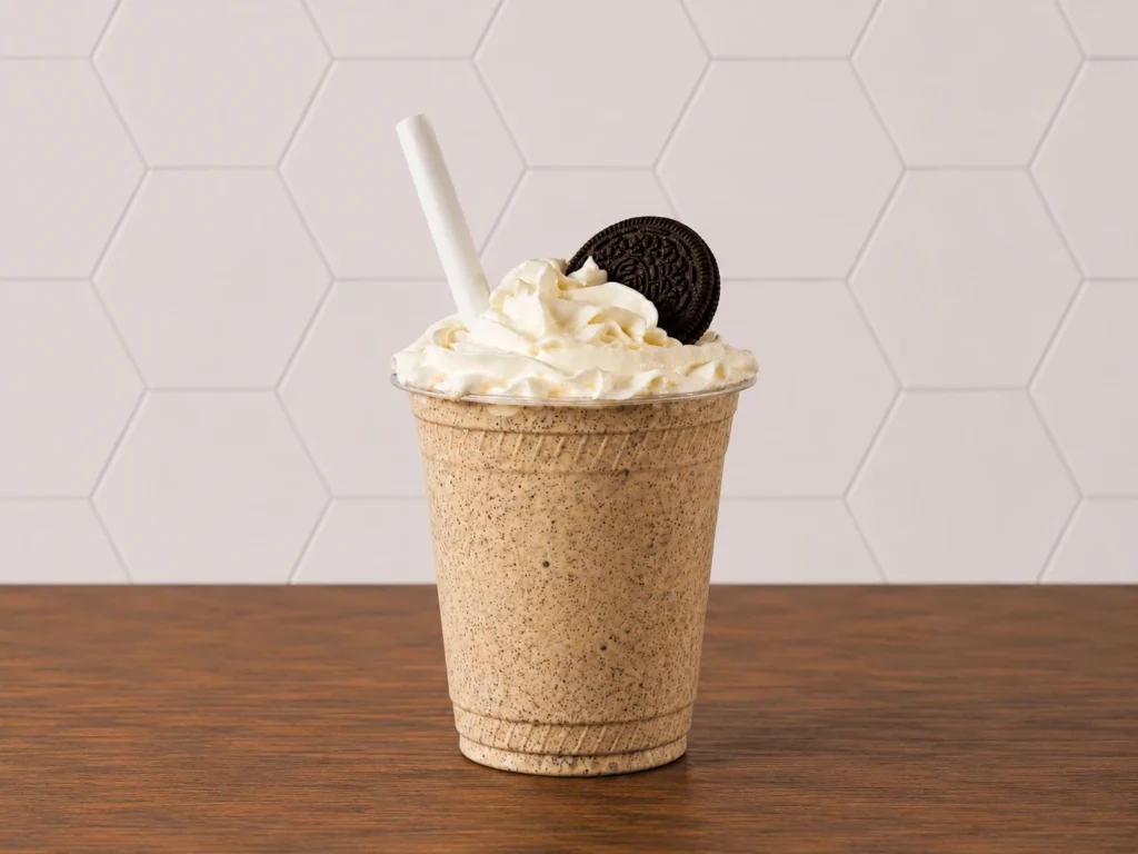 Oreo Shake: Rich Oreo milkshake blended with cookies and topped with whipped cream and an Oreo cookie.
