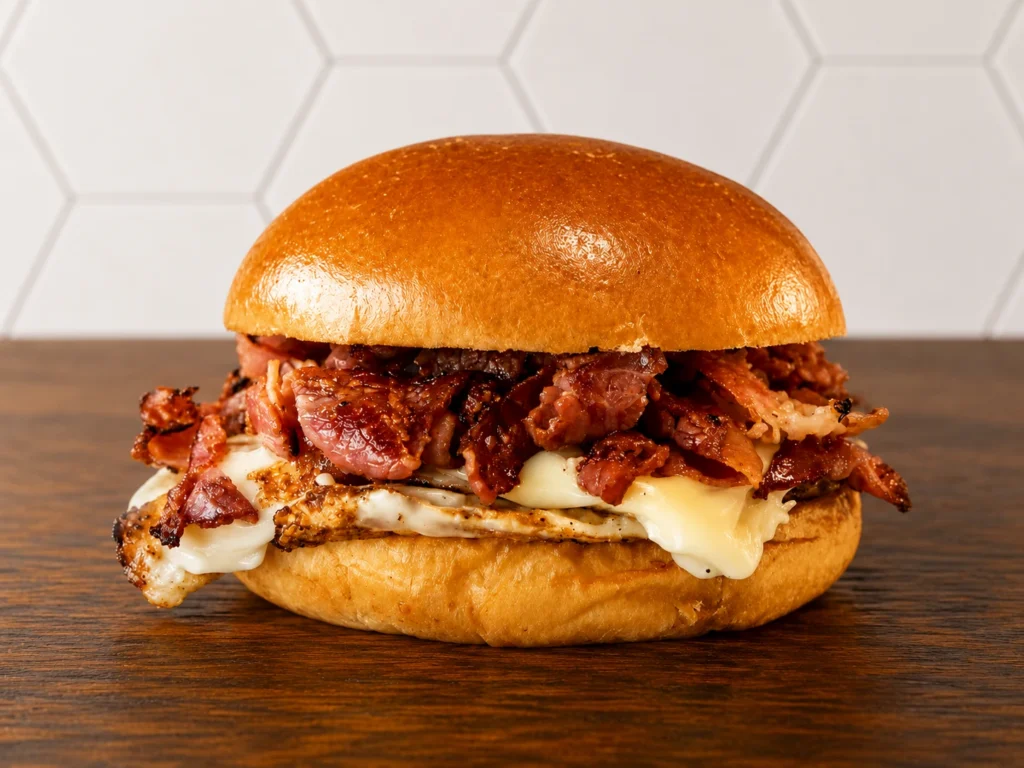 Pastrami Egg and Cheese: Breakfast sandwich featuring pastrami, egg, melted cheese, and crispy bacon on a toasted brioche bun.
