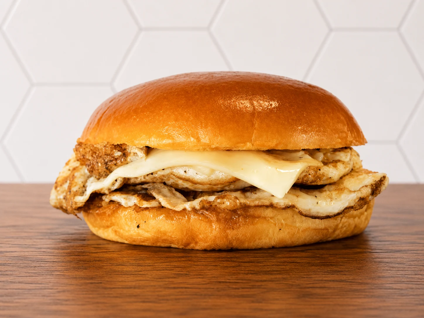 Plain Egg and Cheese: Simple breakfast sandwich featuring egg, melted cheese, and toasted brioche bun.