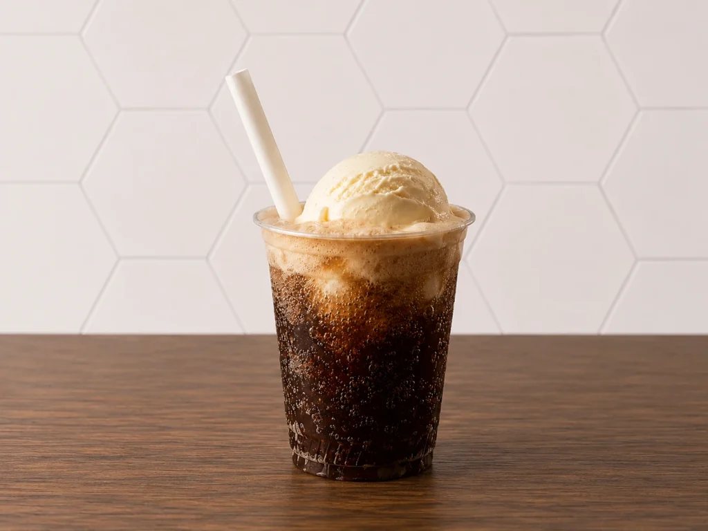 Root Beer Float: Classic root beer float with vanilla ice cream served in a chilled cup.