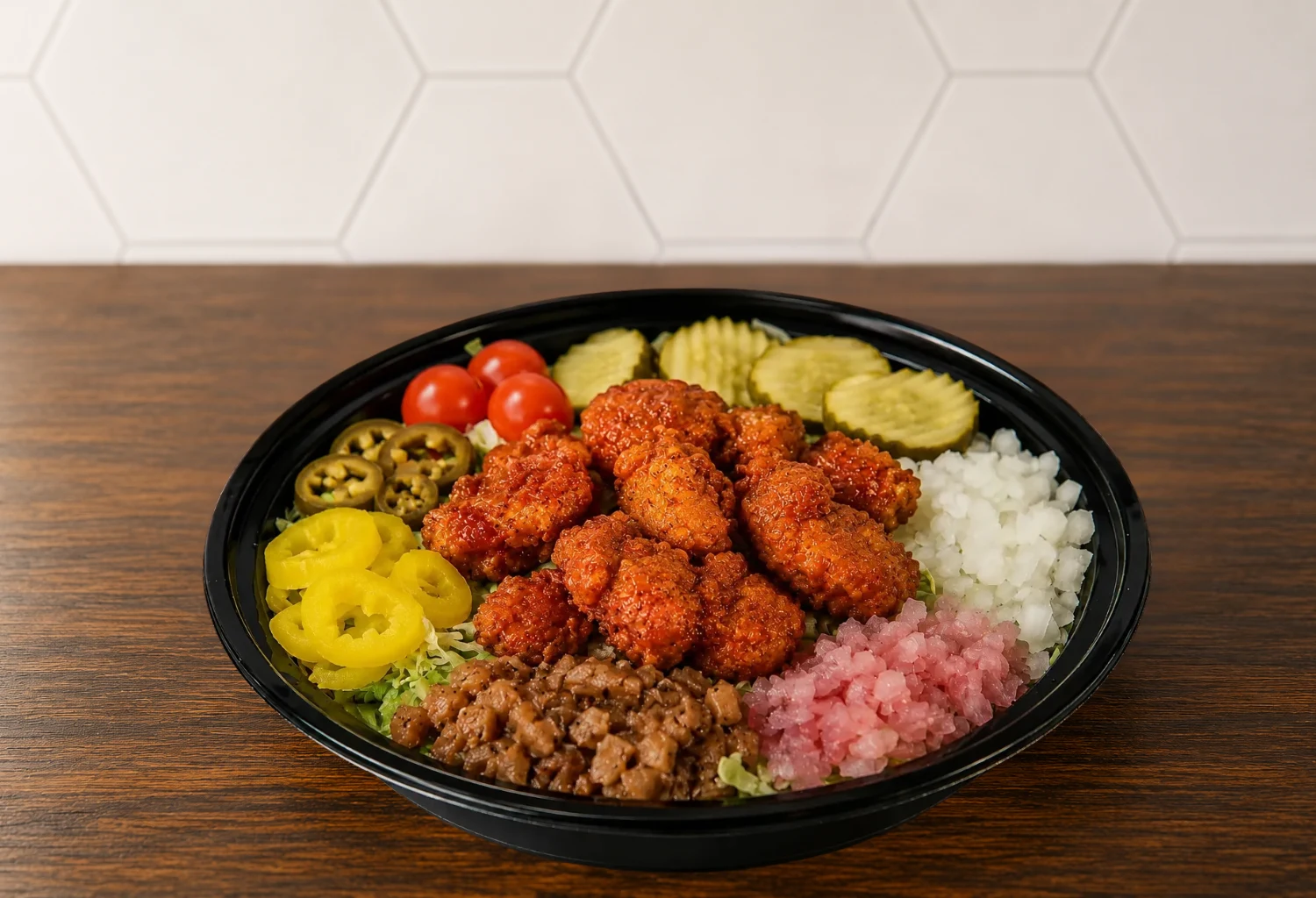 Salad Bowl Buffalo: Fresh salad bowl topped with crispy buffalo chicken, vegetables, and house-made toppings.