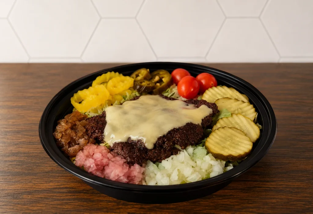 Salad Bowl Burger Special: Salad bowl featuring grilled beef, melted cheese, fresh vegetables, and house toppings.
