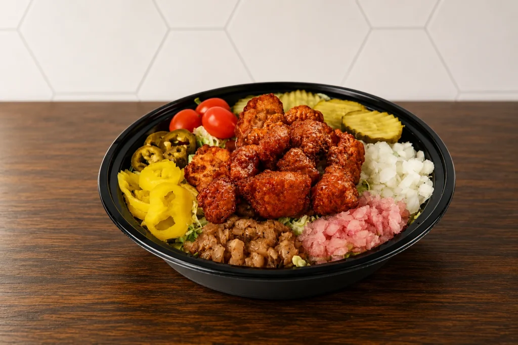 Sriracha Salad Bowl: Fresh salad bowl with crispy chicken bites, vegetables, and colorful toppings served in a black bowl.