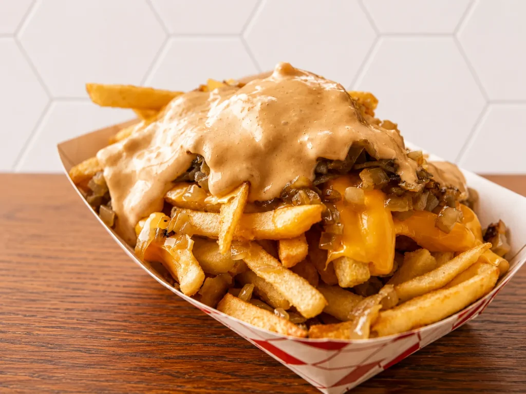 Super Crazy Fries: Loaded fries topped with melted cheese, seasoned beef, and signature creamy sauce served in a tray.