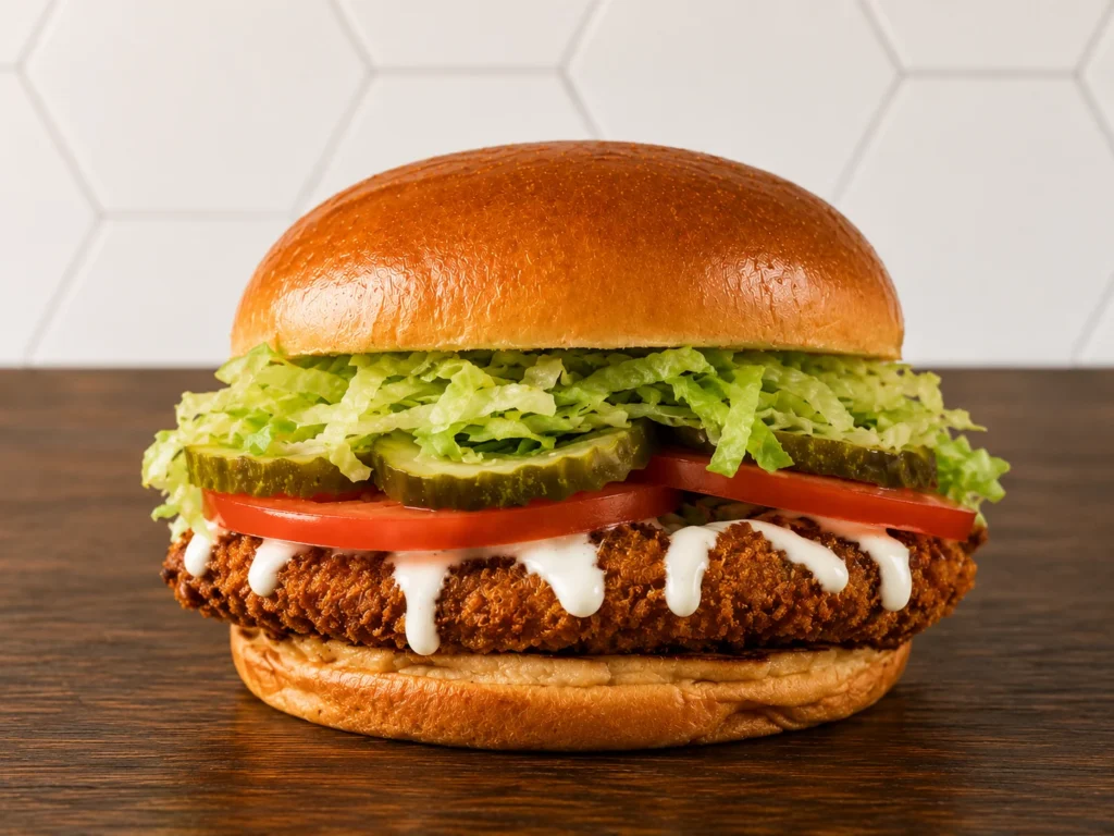 The Chicken Burger: Crispy chicken burger topped with fresh lettuce, tomatoes, onions, and creamy sauce on a toasted brioche bun.
