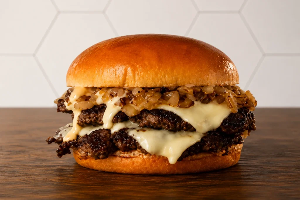 The OG Burger: Classic Angus beef burger with melted cheese, grilled onions, and signature sauce on a toasted brioche bun.