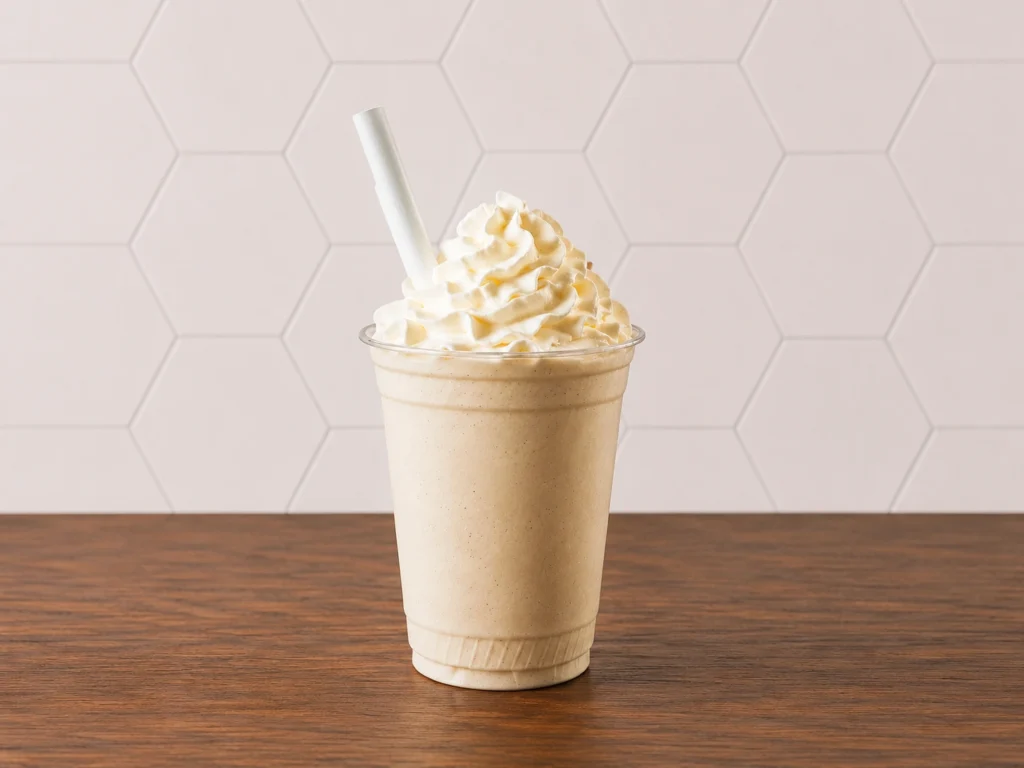 Vanilla Shake: Classic vanilla milkshake topped with whipped cream and served with a straw.