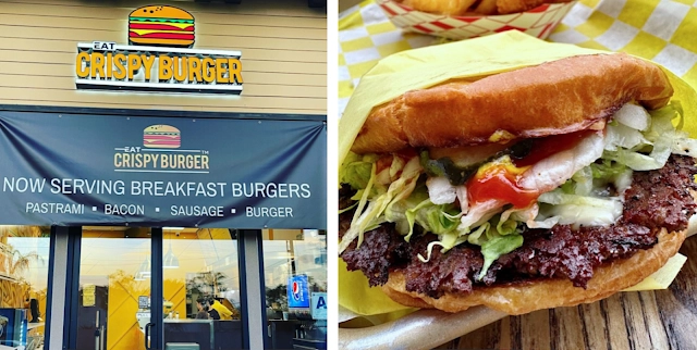 A close-up of a juicy burger with toppings, alongside an exterior view of a cozy restaurant.