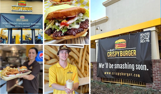 A collage of diverse individuals enjoying meals at a lively burger joint, showcasing various dishes and happy expressions.