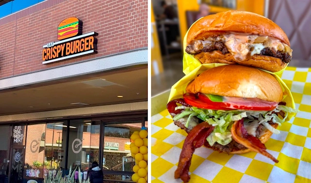 A delicious burger on a plate beside an inviting restaurant interior showcasing warm lighting and cozy seating.